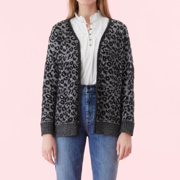 Rebecca Taylor La Vie Womens Leopard Jacquard Cardigan Sweater Black size Medium - Picture 1 of 16